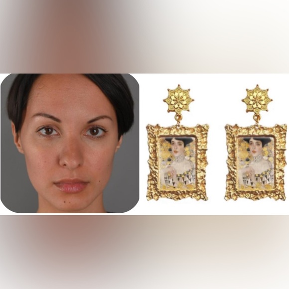 Victorian Woman Painting Gold Frame Drop Earrings - Picture 8 of 9